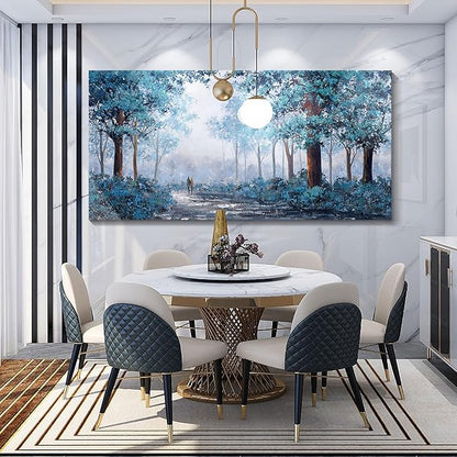 KLAKLA Navy Blue Wall Art - Large Wall Art - Multi-layered Paint Overlay Effect & Blue Leaves Plant Forest Picture Artwork Living Room Bedroom Wall Decor