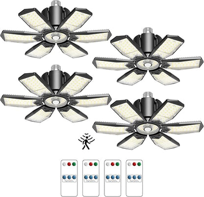 Garage Lights with Motion Sensor, 20000LM Motion Sensor Light Bulb Indoor with 6 Deformable and Auto-Off, E26 Screw-in 6500K Motion Activated Shop Light for Ceiling/Basement 4-Pack