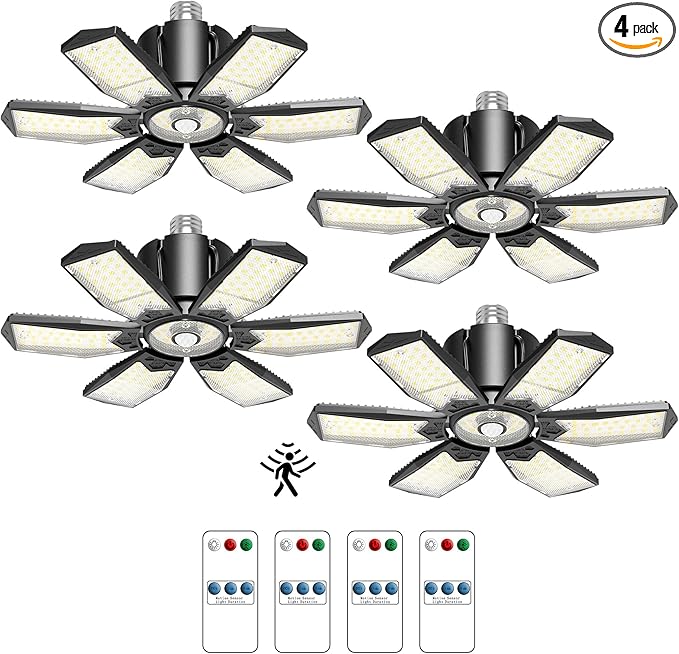 Garage Lights with Motion Sensor, 20000LM Motion Sensor Light Bulb Indoor with 6 Deformable and Auto-Off, E26 Screw-in 6500K Motion Activated Shop Light for Ceiling/Basement 4-Pack