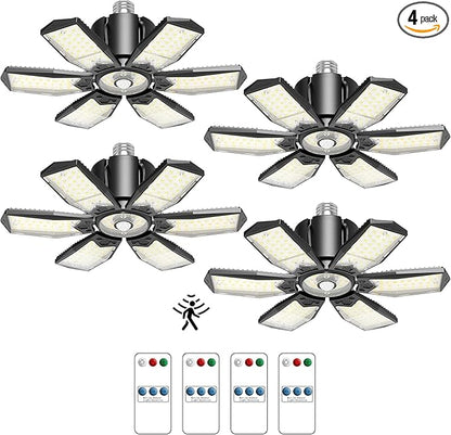 Garage Lights with Motion Sensor, 20000LM Motion Sensor Light Bulb Indoor with 6 Deformable and Auto-Off, E26 Screw-in 6500K Motion Activated Shop Light for Ceiling/Basement 4-Pack