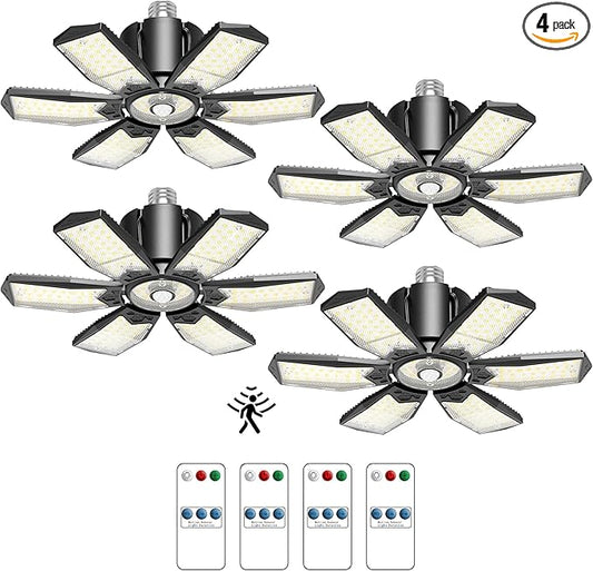 Garage Lights with Motion Sensor, 20000LM Motion Sensor Light Bulb Indoor with 6 Deformable and Auto-Off, E26 Screw-in 6500K Motion Activated Shop Light for Ceiling/Basement 4-Pack