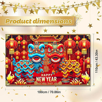 Chinese New Year Lion Dance Backdrop Happy New Year Banner Red Gold Lantern Festival Party Background Traditional Lunar New Years Wall Decor for Home Party Event Photo Booth 71x43 Inch