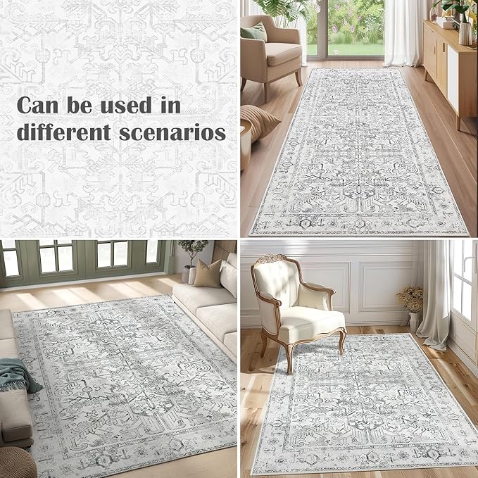 jinchan Runner Rug 2x5 - Vintage Hallway Machine Washable Rug Floral Non Slip with Rubber Backing Ultra-Thin Carpet Runner for Kitchen Bedroom Laundry Room Farmhouse Entryway (2x5ft,Grey)