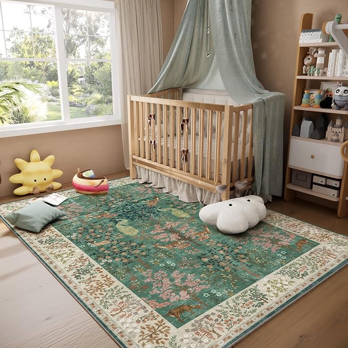 Machine Washable Rugs for Living Room: 5x7 Bedroom Rug Vintage Rug Stain Resistant Non Slip Low Pile Lightweight Soft Indoor Carpets for Living Room Dining Room Kitchen Nursery Kids Room Farmhouse