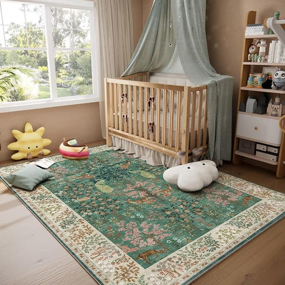 Machine Washable Rugs for Living Room: 5x7 Bedroom Rug Vintage Rug Stain Resistant Non Slip Low Pile Lightweight Soft Indoor Carpets for Living Room Dining Room Kitchen Nursery Kids Room Farmhouse