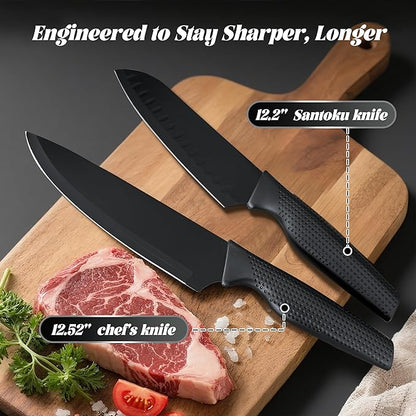 Knife Set, 20 Pcs Kitchen Knife set with block, Sharpener, Finger Guard, Brush, German Stainless Steel, Dishwasher Safe, Anti-slip Handle, Black