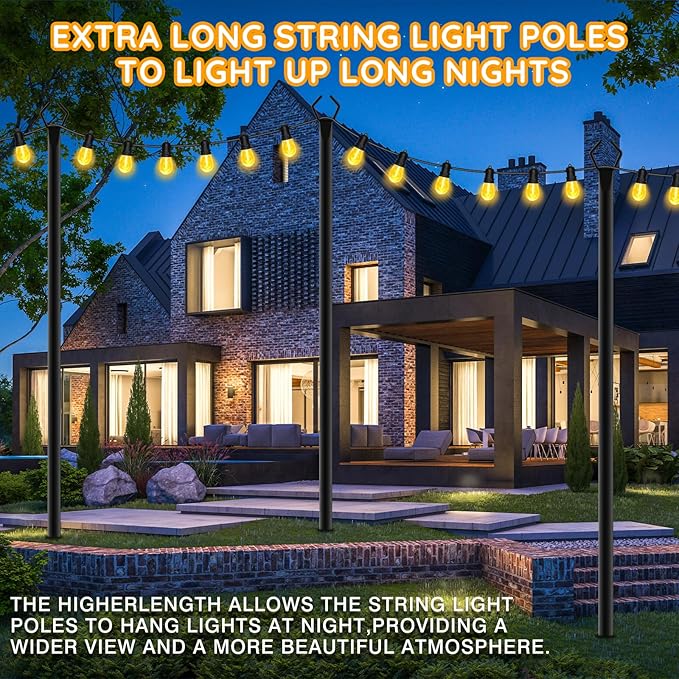 7 Pack String Light Poles, Outdoor String Light Pole 10ft Forked Metal Light Pole with Adjustable Outdoor Light Stand, Deck, Backyard, Garden, Wedding, Rustproof and Sturdy with Hooks