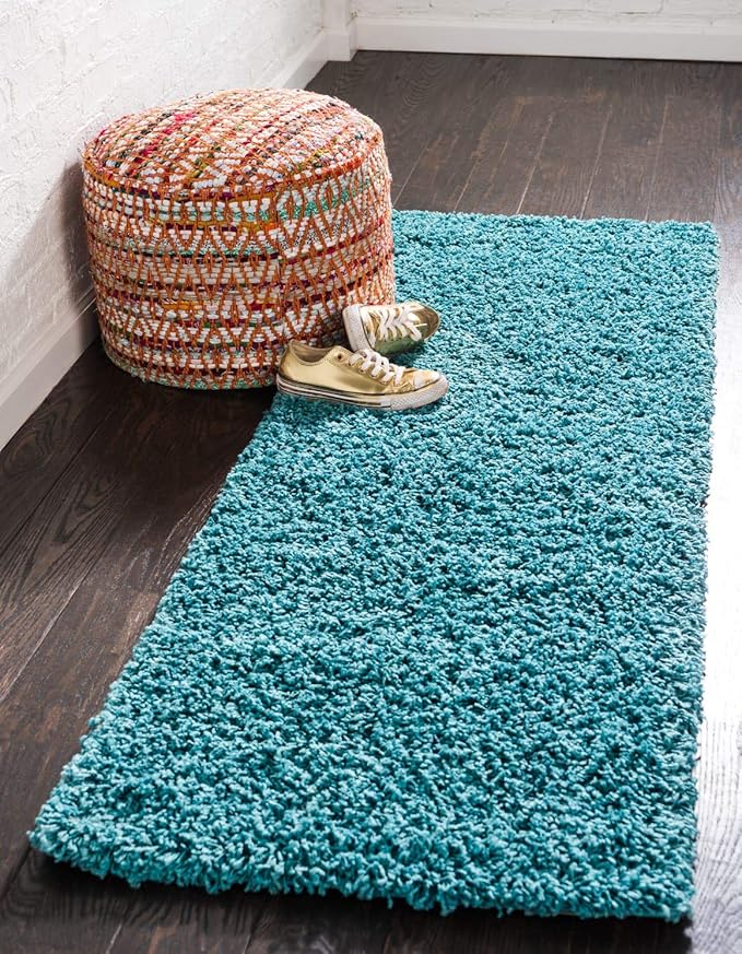 Unique Loom Solid Shag Collection Area Rug (2' 6" x 13' 1" Runner, Deep Aqua Blue)