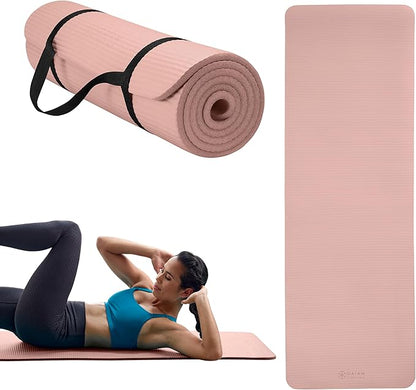 Gaiam Essentials 2/5" Thick (10mm) Yoga & Pilates, Fitness & Exercise Mat with Easy-Cinch Carrier Strap Cushion Support For Fitness and Gym Workouts