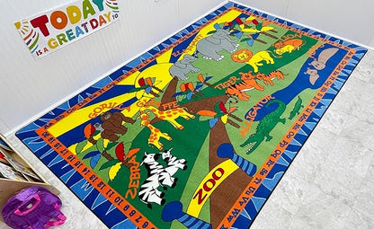 Animals at The Zoo Nylon Area Rug, 7'6" x 12', Multicolored, Educational Classroom Rug, Kids Learning Play Mat | Area Rug for Bedroom or Playroom