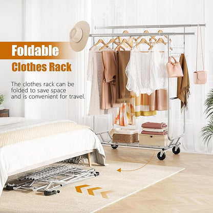 Heavy Duty Clothes Rack Load 620 LBS Metal Garment Clothing Rack Hang 300 pieces of clothing on Wheels Collapsible Rolling Portable & Adjustable Double Rod with Hook for Hanging Clothes