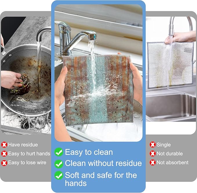 10pcs New Upgrade 2-Layer Microfiber Wire Dishcloth,Non-Scratch Wire Dishwashing Rags for Wet and Dry,Metal Scrubbers, Kitchen Miracle Cleaning Dish Rags for Cookware,Sinks, Dishes,Stove,Blue