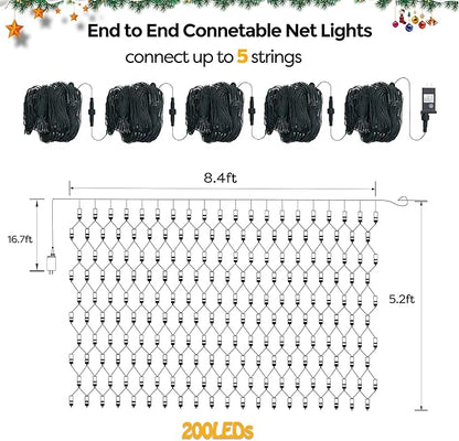 WBao Christmas Lights, 200LED 8.4ft x 5.2ft Net Lights Outdoor Mesh Light with 8 Modes, Timer, UL Certified, End to End Connectable, Waterproof for Lawn, Bushes Outdoor Christmas Decorations, Red