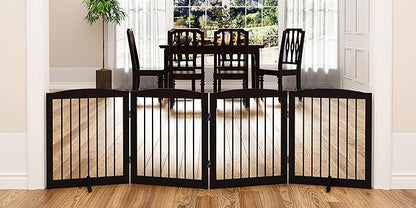 Freestanding Pet Gate for Dogs, Foldable Wooden Dog Gate for House, Indoor Dog Gate for Stair, Doorway, Gates for Dogs Indoor, 80 Inch Wide, 4 Panels 24",Brown