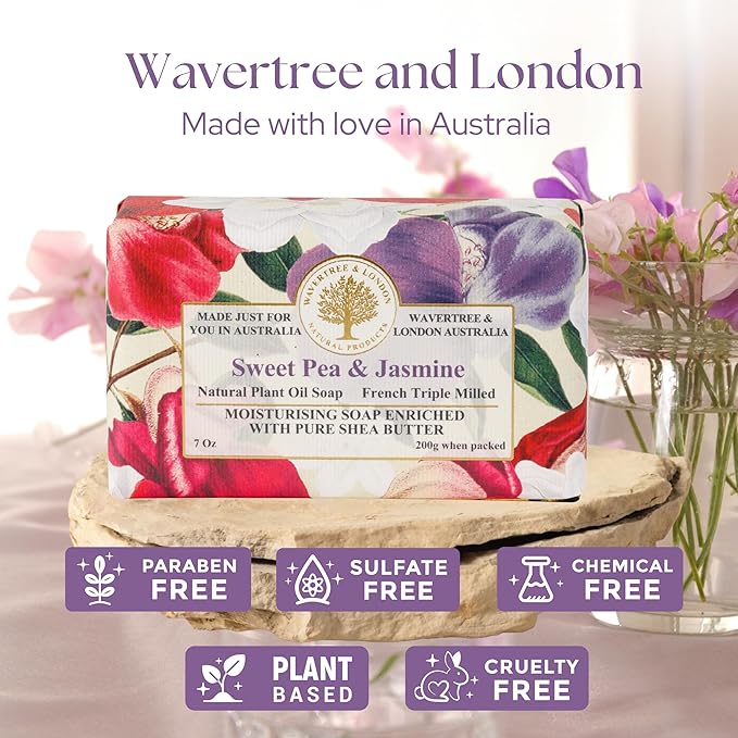 Wavertree & London Sweet Pea & Jasmine Scented Natural Soap Bar, 7oz Moisturizing French Triple Milled Soap Bar for Women & Men Enriched with Organic Shea Butter, Pure Bath & Body Soap (1 Bar)