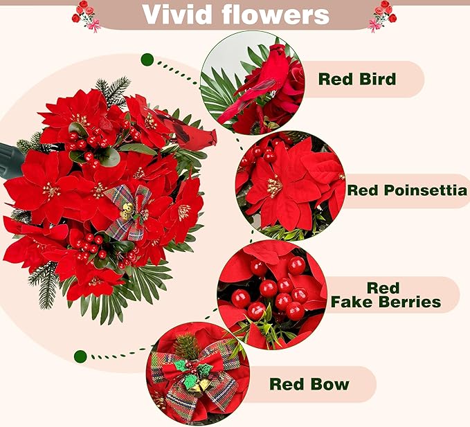 Christmas Cemetery Flowers for Grave Decoration， Christmas Red Poinsettias Berry Bouquet with Cemetery Ground Vase,2 Butterflies Including