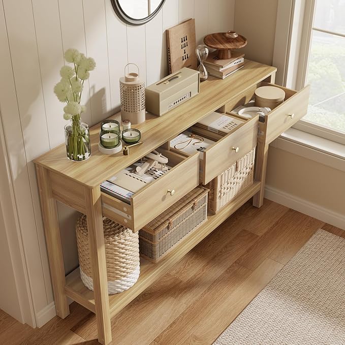 Gizoon 3 Drawer Sofa Table with, Modern Accent Console Table with Open Shelf, for Living Room, Front Hall, Entrance Hall, Study Room, Oak Color