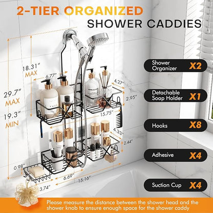 Adjustable Height Shower Caddy Hanging for Handheld Shower Heads, Shower Racks with Soap Holder 8 Hooks, No-Drilling, Anti-Swing, Bathroom Storage Shower Organizer