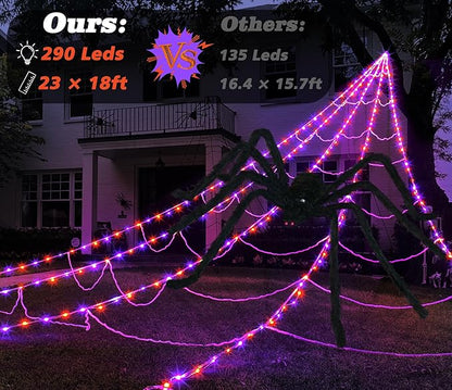 Spider Webs Halloween Decorations Outdoor 290 LED Halloween Spider Web Lights Decoration with 78.7" Large Spider & 3.53 oz Stretch Cobweb 23 Ft Giant Lighted Web with 8 Modes (Purple & Orange)