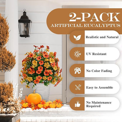 23" Set of 2 Artificial Boxwood Topiary Flowers Ball with Spikes for Outdoor Fall Decorations, Faux Greenery Shrubs,Fake Bushes Plants for Garden, Yard, Front Porch, Patio（Orange Green ）