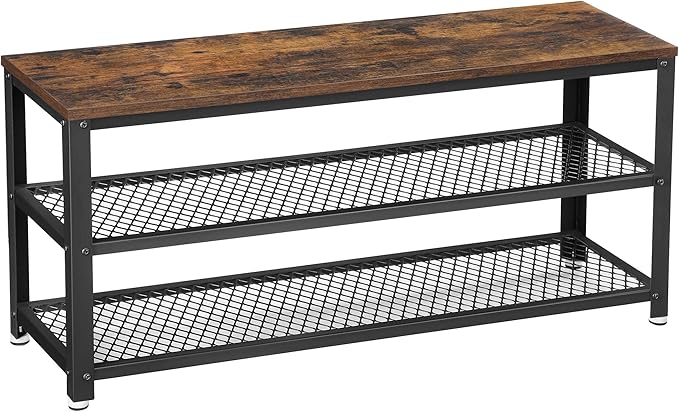 VASAGLE, 3-Tier Shoe Rack, Shelf Storage Bench with Metal Mesh Shelves and Seat, Free Standing Shoe Organizer for Entryway, 11.8 x 39.4 x 17.7 Inches, Rustic Brown and Black ULBS078B01