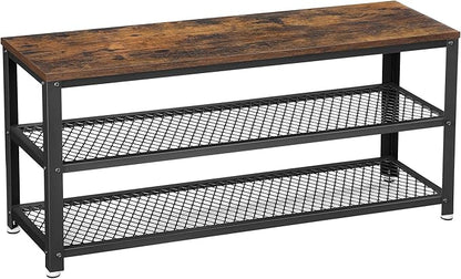 VASAGLE, 3-Tier Shoe Rack, Shelf Storage Bench with Metal Mesh Shelves and Seat, Free Standing Shoe Organizer for Entryway, 11.8 x 39.4 x 17.7 Inches, Rustic Brown and Black ULBS078B01
