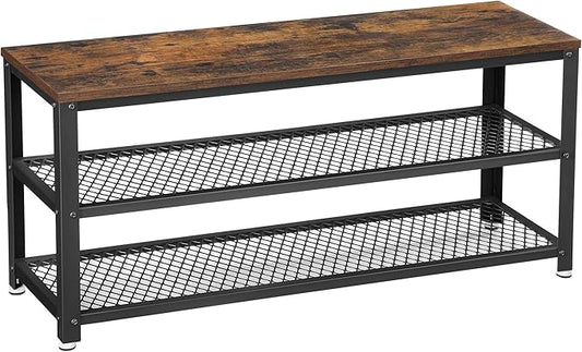 VASAGLE, 3-Tier Shoe Rack, Shelf Storage Bench with Metal Mesh Shelves and Seat, Free Standing Shoe Organizer for Entryway, 11.8 x 39.4 x 17.7 Inches, Rustic Brown and Black ULBS078B01