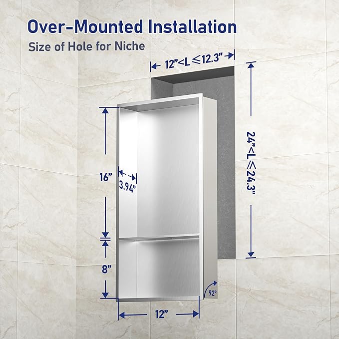 Stainless Steel Shower Niche 24" X 12" Brushed No Tile Needed Wall Niche with Double Shelves Recessed Shower Shelf for Bathroom Vertical Niches