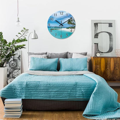XFM Beach Wall Clock Battery Operated 14 Inch Blue Ocean Wall Clocks Silent Coastal Nautical Clock Decorative for Bathroom Kitchen Living Room Office