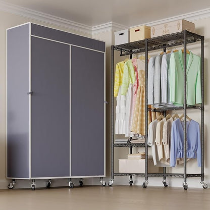 H9 Heavy Duty Rolling Clothes Rack with Cover, Covered Garment Rack with Wheels and Shelves, Wardrobe Closet, Portable Closet for Hanging Clothes, Black Clothing Rack with Grey Cover