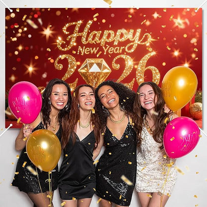 2026 Happy New Year Backdrop Gold Diamond Glitter Banner Red Background with Gift Boxes Party Decoration Photography Background 71x43 Inches New Year Eve Celebration Decor