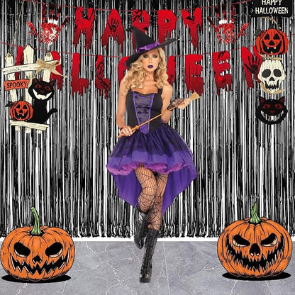 Foil Fringe Curtain Halloweens Party Decorations - Pure Black Tinsel Photo Backdrop Party Steamers Curtains for Christmas/New Years/Boy/Men/Birthdays/Music/Stranger Theme/Prom/Retirement Parties