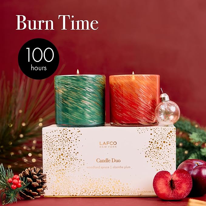 LAFCO New York Holiday Classic Candle Duo - 6.5 oz Each - Includes Absinthe Plum & Woodland Spruce - 100-Hour Burn Time - Reusable, Hand Blown Glass Vessels - Made in The USA