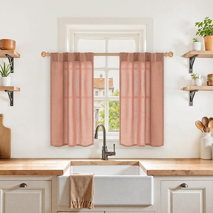 YoungsTex Terracotta Linen Kitchen Window Curtains 36 Inch Length, Small Burnt Orange Drapes with Rod Pocket Back Tab Semi Sheer Textured for Cafe Windows Over Sink, 2 Panels, 24 X 36 Inch