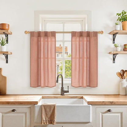 YoungsTex Terracotta Linen Kitchen Window Curtains 36 Inch Length, Small Burnt Orange Drapes with Rod Pocket Back Tab Semi Sheer Textured for Cafe Windows Over Sink, 2 Panels, 24 X 36 Inch