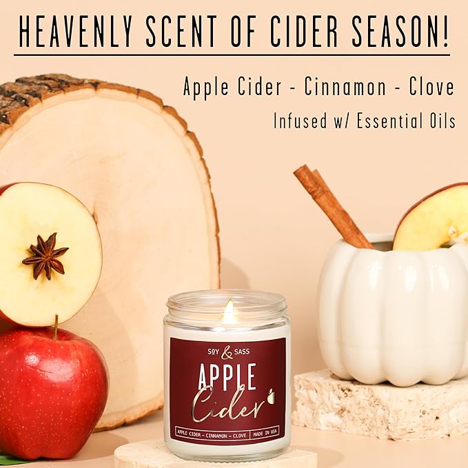 Apple Cider Candle, Fall Candles I Apple Cider, Cinnamon & Nutmeg - Infused with Essential Oils I Mulled Cider Fall Scented Candle (Soy) for Home I 9oz Reusable Jar I 50Hr Burn I Made in USA