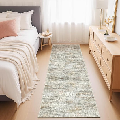 Rug Runners for Hallways Non Slip - 2x8 Runner Rug for Bedroom, Washable Runner with Rubber Backing, Soft Low-Pile Carpet for Kitchen, Laundry, Bathroom (2'x8', Grey/Rust)
