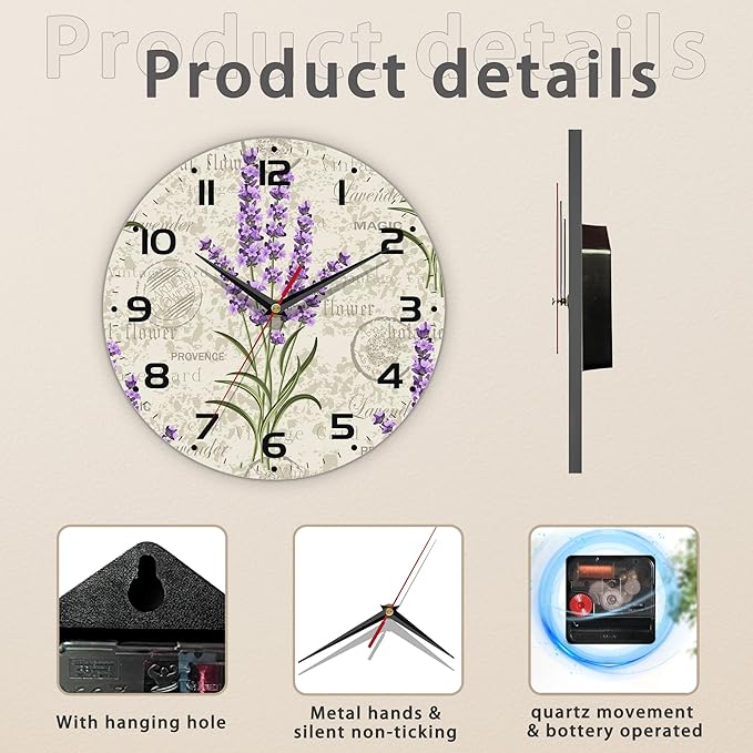 Vintage Floral with Lavenders Wall Clock Silent Non-Ticking Battery Operated Clock 10 Inch, Home Decor for Living Room, Kitchen, Bedroom and Office