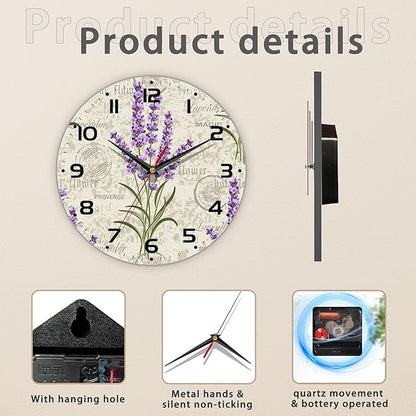 Vintage Floral with Lavenders Wall Clock Silent Non-Ticking Battery Operated Clock 10 Inch, Home Decor for Living Room, Kitchen, Bedroom and Office
