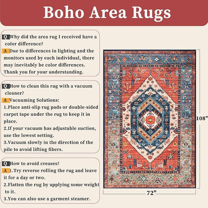 SERISSA Washable Rugs 6x9 Area Rugs, Large Non-Slip Boho Living Room Rust Rug, Ultra Soft Vintage Print Distressed Oriental Tribal Farmhouse Carpet for Dining Room Bedroom Dorm Office Home Decor