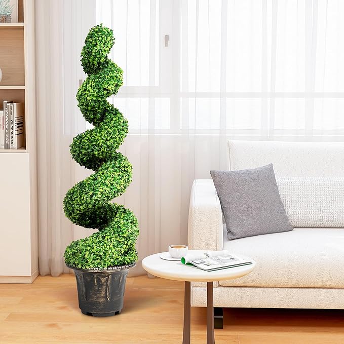 SAFEPLUS 4 Ft Artificial Boxwood Spiral Topiary Tree, Fake Greenery Plants for Indoor or Outdoor