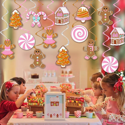 Christmas Gingerbread Man Party Hanging Swirl Decorations 20PCS Pink Merry Gingerbread House Christmas Tree Ceiling Decor Xmas Candy Hanging Streamers for Girls Winter Holiday Party Supplies