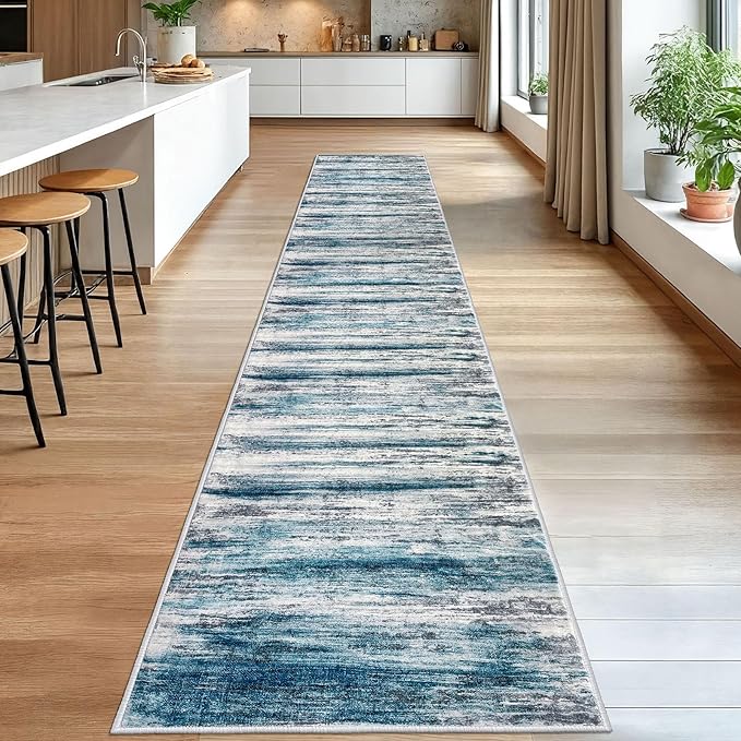 KOZYFLY Modern Abstract Hallway Runner Rug, 2.6x16 Washable Rug Runner Non-Slip Soft Striped Kitchen Runner Rugs, Print Blue Carpet Runner for Entryway Bathroom Laundry Room Foyer