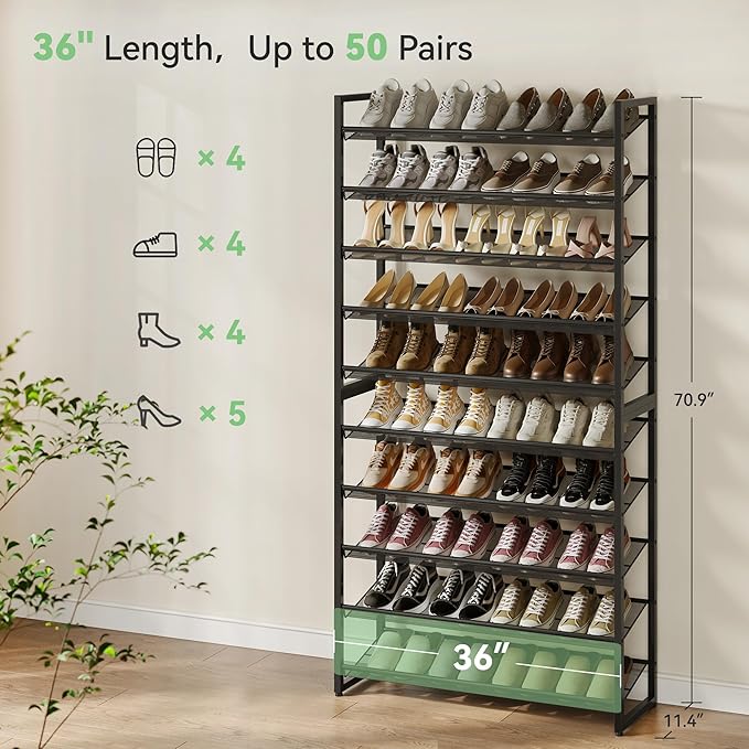 Shoe Rack,10 Tier Metal Shoe Organizer,Max Holds 50 Pairs,Heavy Duty Shoes Shelf for Garage, Entryway, Closet,Black