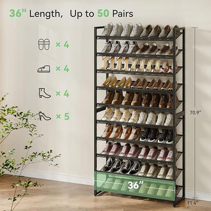 Shoe Rack,10 Tier Metal Shoe Organizer,Max Holds 50 Pairs,Heavy Duty Shoes Shelf for Garage, Entryway, Closet,Black
