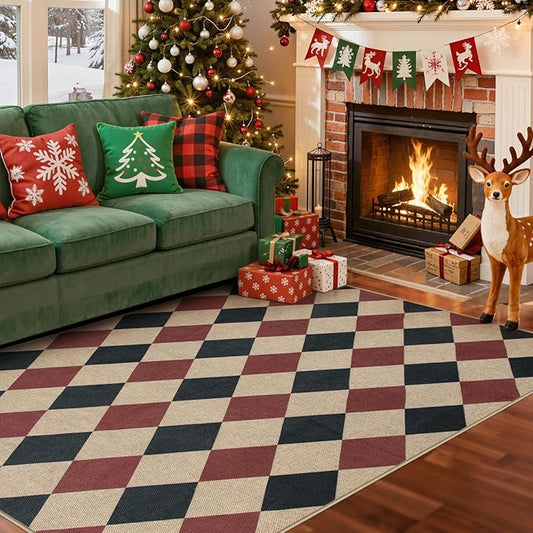 Lahome Christmas Rug, 5x7 Christmas Decor Rugs for Living Dining Room Non Shedding Washable Carpet, Checkered Black and Red Non Slip Stain Resistant Indoor Carpet for Patio Office Xmas Holiday Decor