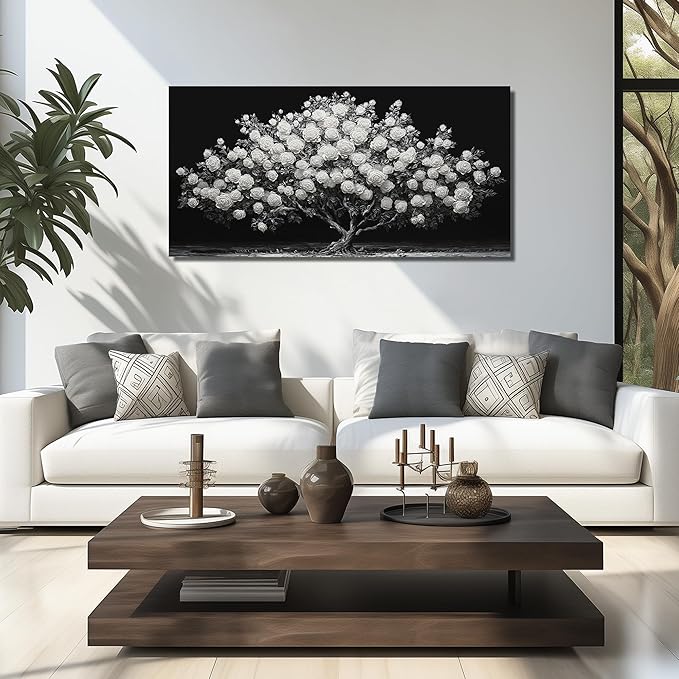 JuhaiArt Rose Tree Canvas Art for Living Room Bedroom White Wall Decorations Prints Floral Picture Black Artwork Home Office 24"x 48"