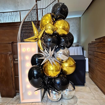 6Pcs Black Silver Round Foil Balloons, 22inch 4D Metallic Silver Black Balloons, Large Round Foil Ball Balloon for Birthday Graduation Christmas New Year Eve Disco Party Backdrop Decorations