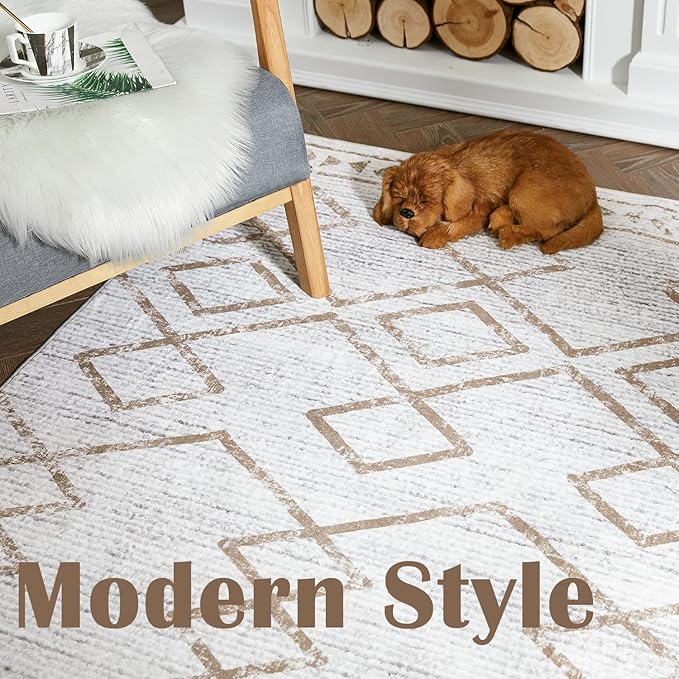 jinchan Hallway Runner Rug 3x7 - Moroccan Kitchen Machine Washable Runner Rug Modern Geometric Soft Faux Wool Ultra-Thin Low-Pile Non-Slip Carpet for Laundry Room Bedroom Farmhouse (3x7ft, Taupe)