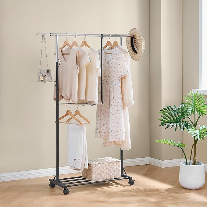 FAVOOSTY Hanging racks for clothes Rack with Wheels Garment racks for hanging clothes racks for hanging clothes Double adjustable Clothes Organizer for kids with Extendable Rod Black